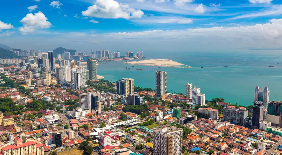 Panoramic aerial view of the city of Georgetown, with the straits of Malacca and Indian Ocean in the background