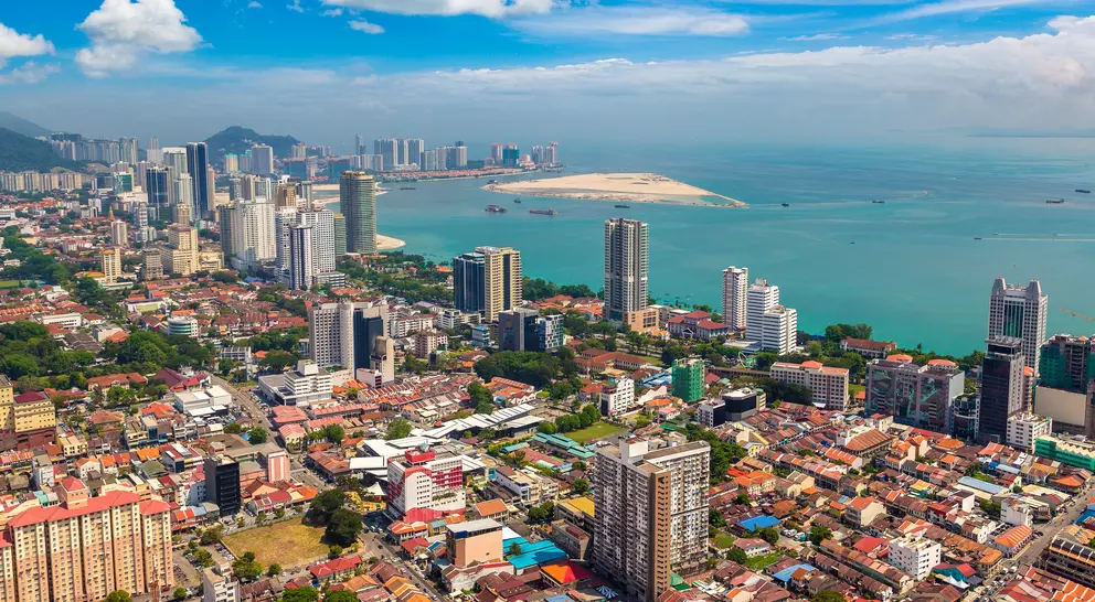 Panoramic aerial view of the city of Georgetown, with the straits of Malacca and Indian Ocean in the background