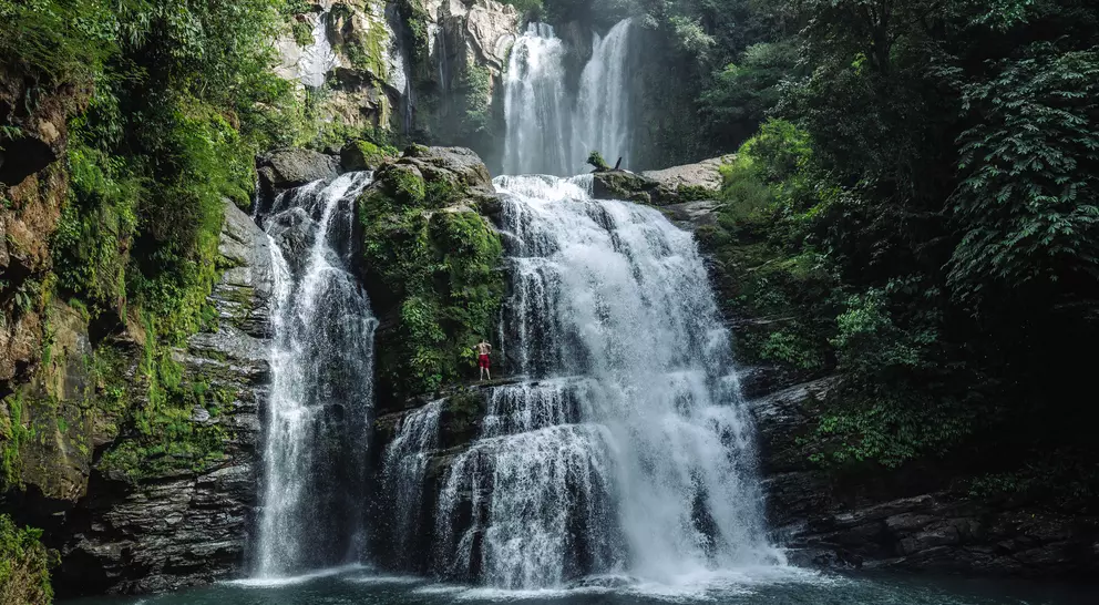 Tall beautiful waterfalls in a lush green rainforest 