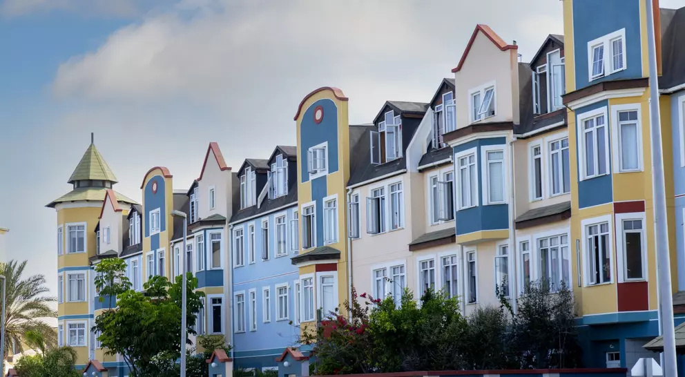 Landmark colorful houses in Swakopmund, Namibia