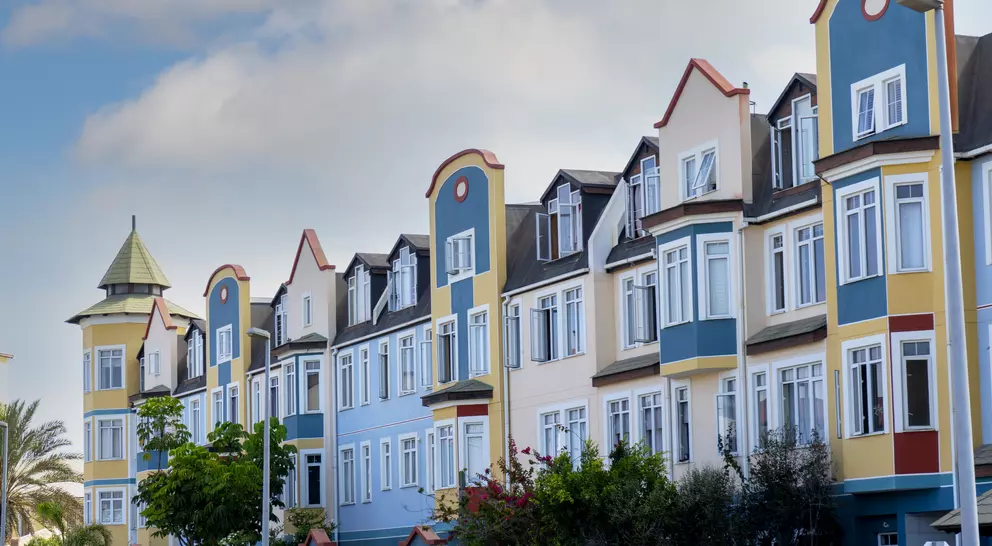 Landmark colorful houses in Swakopmund, Namibia