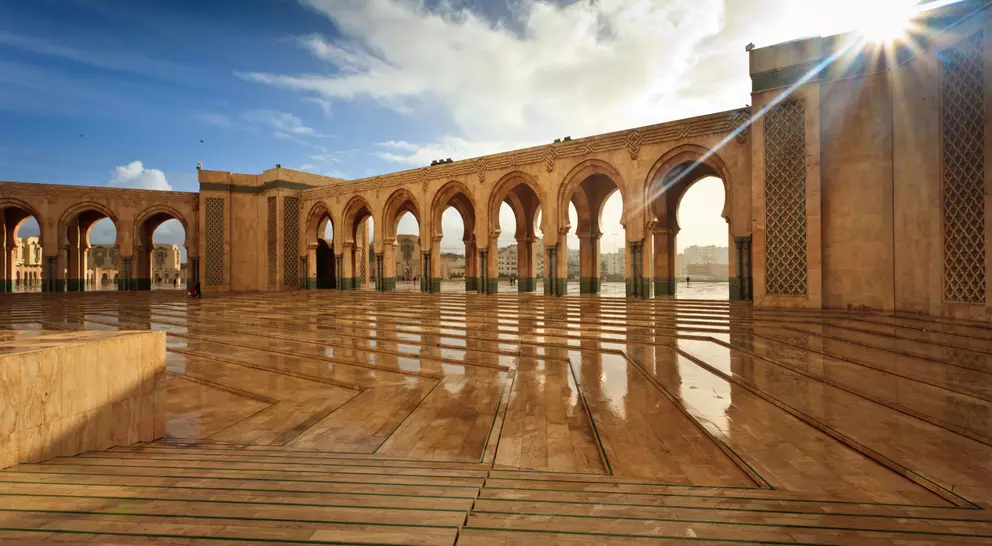 Sparkling marble arcade of Hamman II Mosque on a Sunny Day