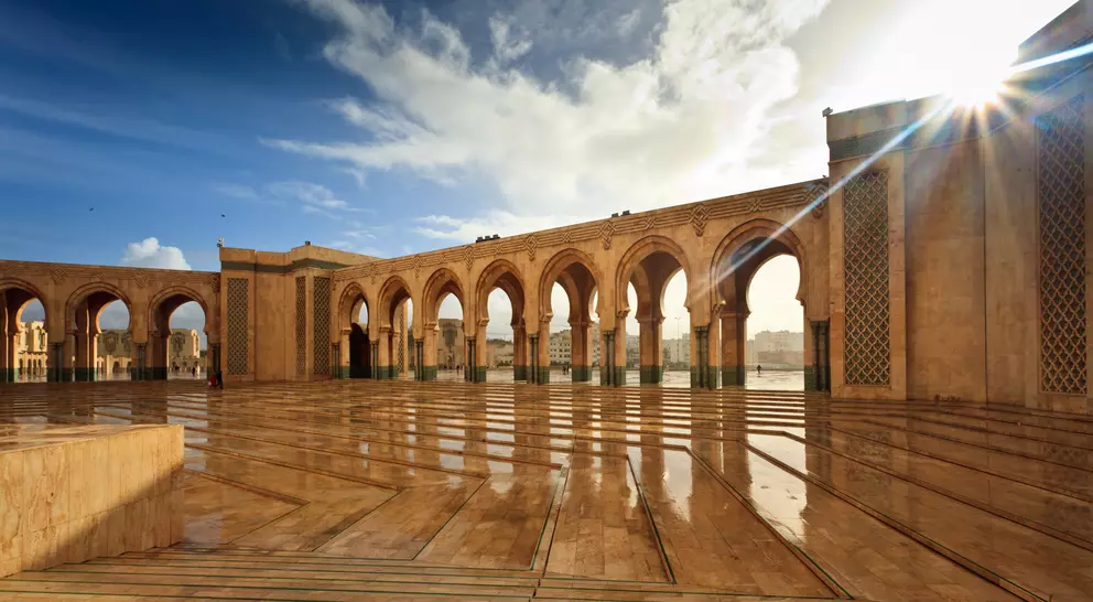 Sparkling marble arcade of Hamman II Mosque on a Sunny Day