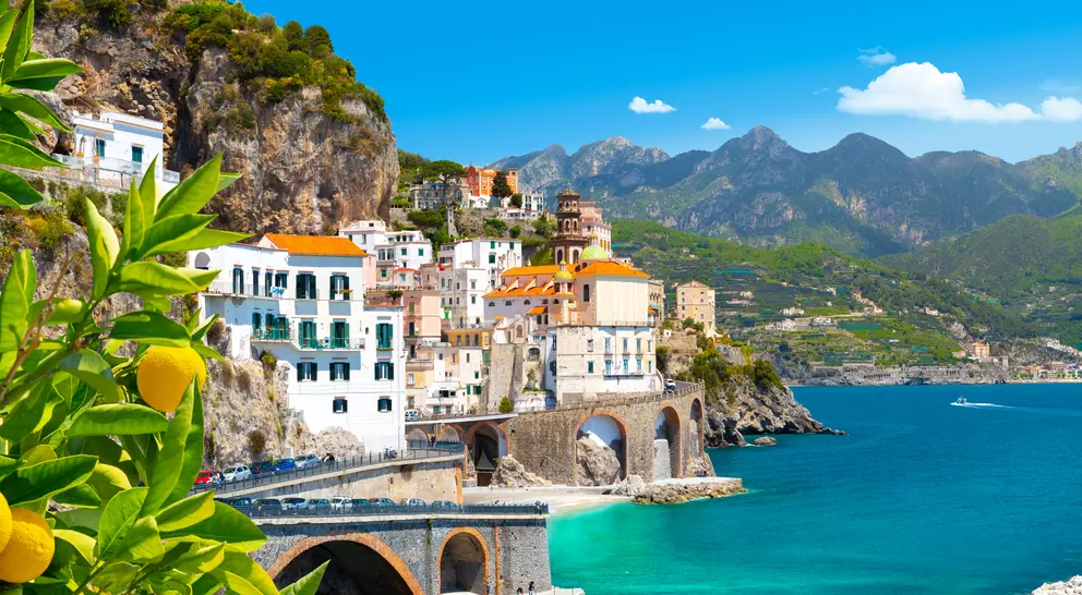 Beautiful view of the Mediterranean coast with lemons in the foreground