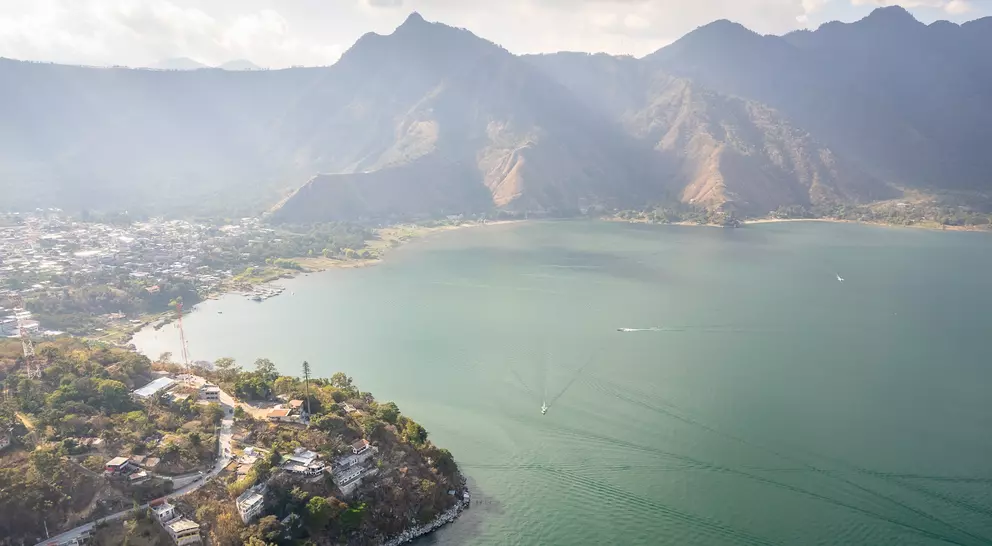 View of Lake Atitlán, a body of water in a massive volcanic crater in Guatemala’s southwestern highlands