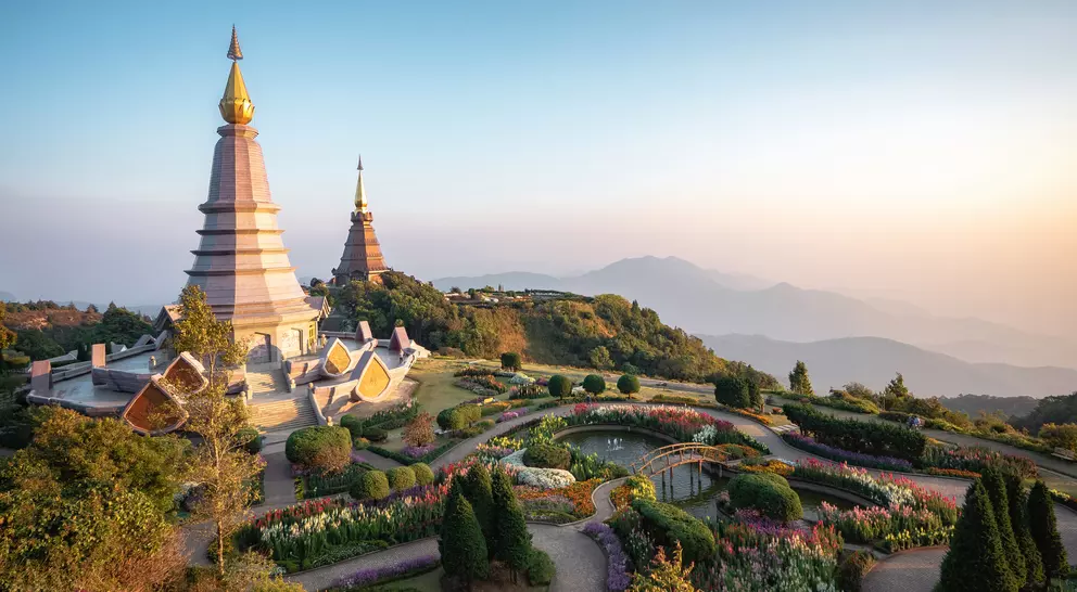 "Doi Inthanon twin pagodas atop Inthanon mountain, the highest in Thailand, near Chiang Mai "