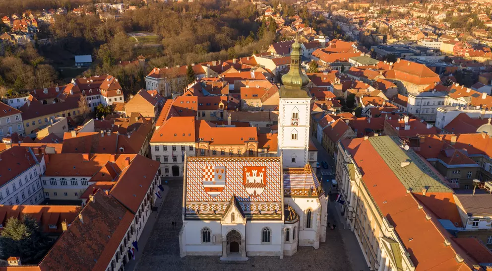 Aerial view at sunset St. Mark's Church in Zagreb