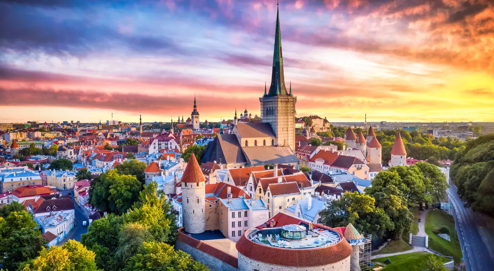 Tallinn Old Town aerial view from fat Margaret tower at sunset