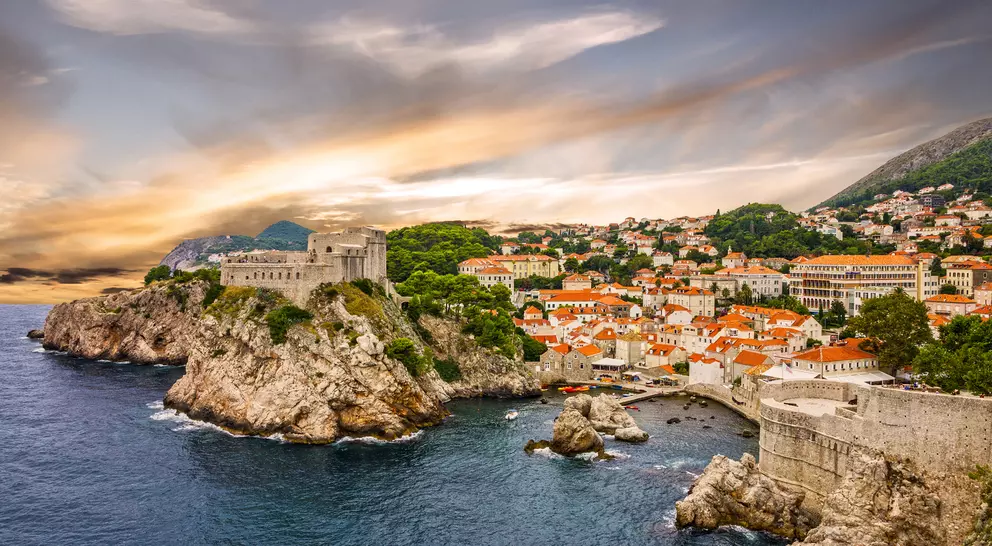 Dubrovnik fortress cityscape at sunset