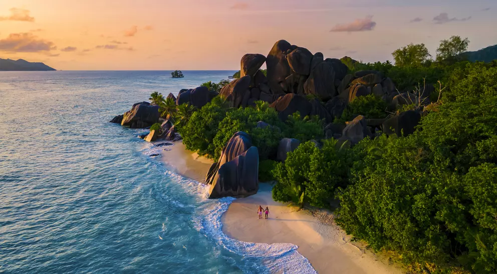 Sunset at the Anse Source d'Argent on the island of La Digue