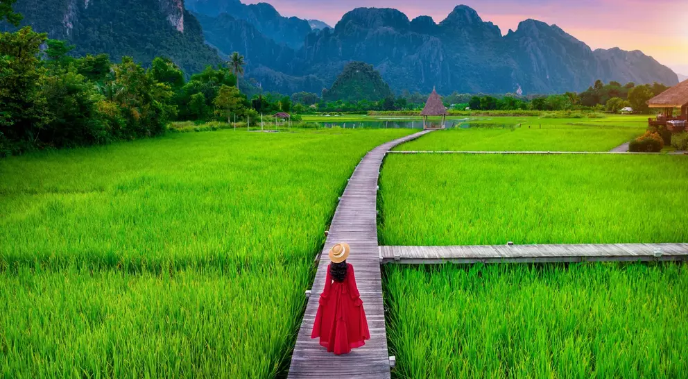 A woman in a red dress walks along a wooden path through vibrant green rice fields with mountains in the background.