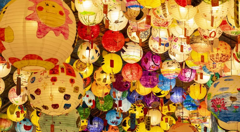 Traditional colorful chinese lanterns cover the ceiling during Taiwan Lantern Festival