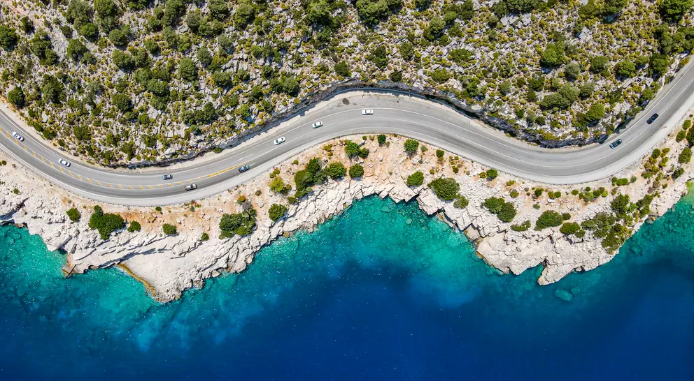 Aerial view of the road with beautiful view by the sea in Antalya Finike