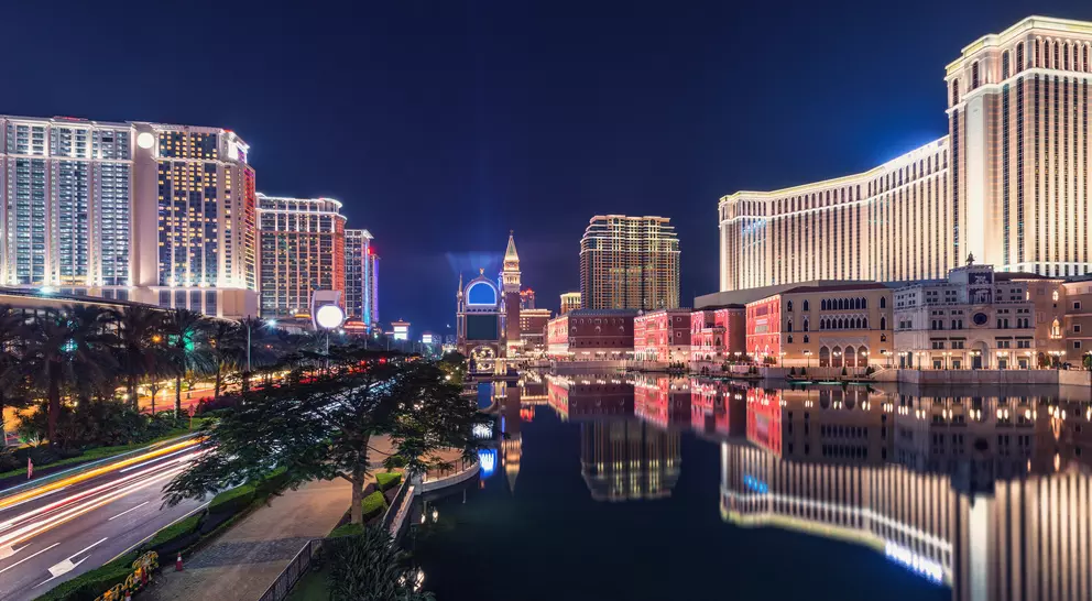 Evening view of Cotai Strip district hotels and casinos in Macau