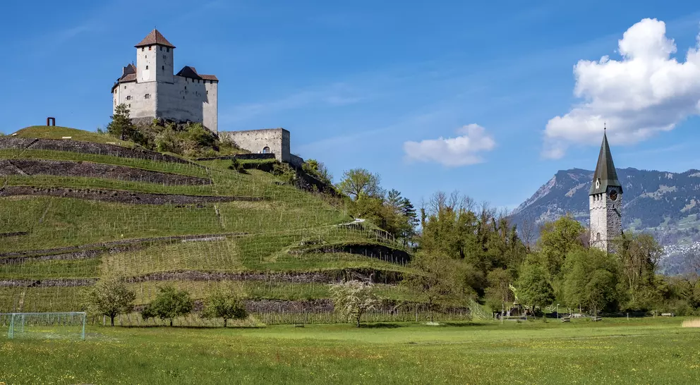A hillside castle and church tower stand against a blue sky, surrounded by greenery and distant mountains.