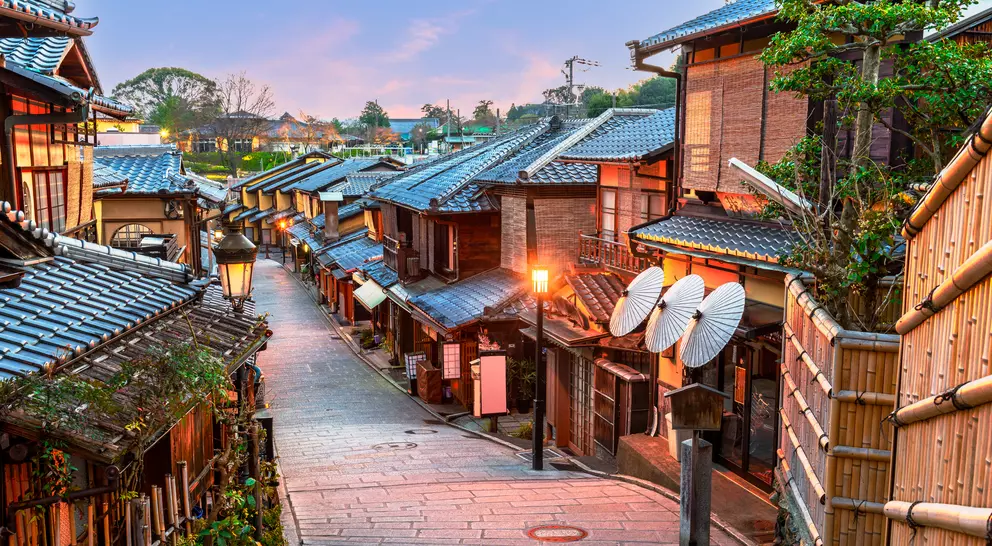 Traditional winding street in Gion, Kyoto, Japan at dawn