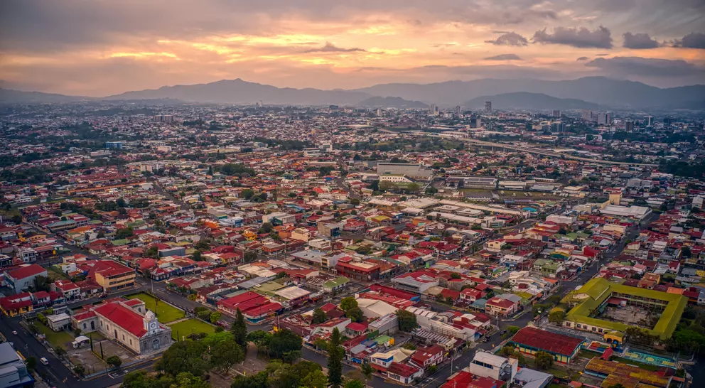 Aerial view of the many red tiled roofs in the capital city of Costa Rica, San Jose 