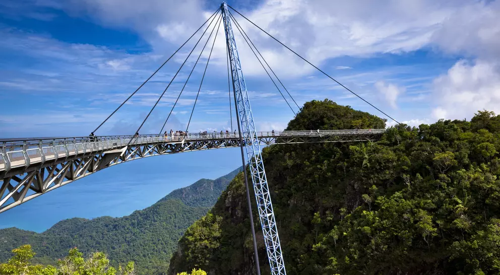 Cantelivered Sky Bridge on Langkawi island over the tropical rainforest island landscape in Langkawi, Malaysia