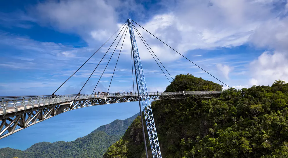  Cantelivered Sky Bridge on Langkawi island over the tropical rainforest island landscape in Langkawi, Malaysia