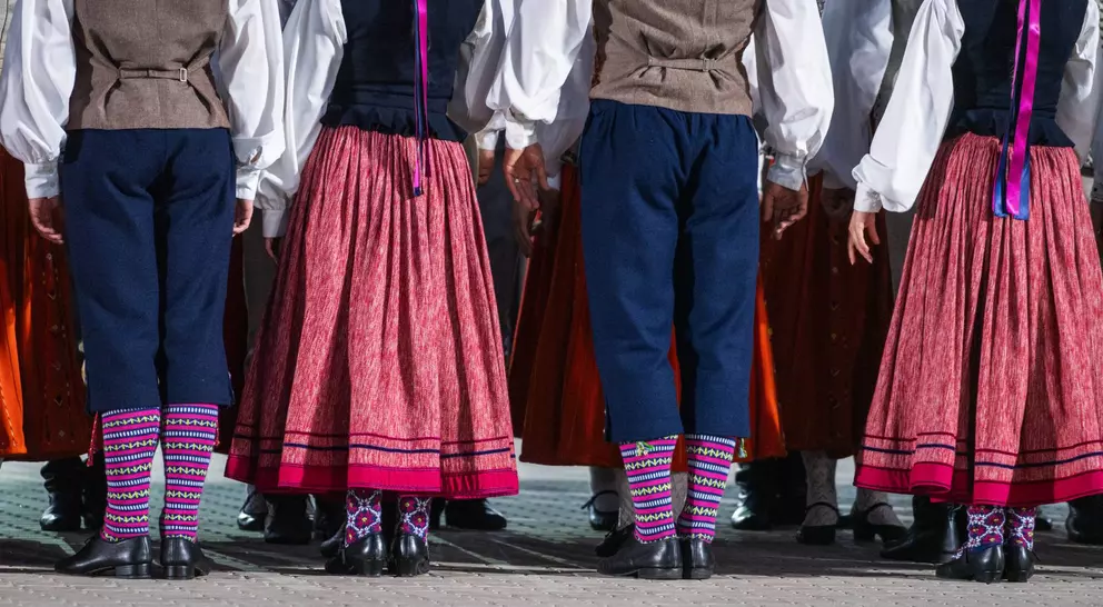Group of dancers in traditional attire, showcasing colorful skirts and patterned socks from the back.