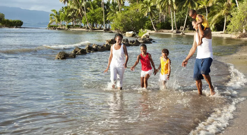 A family plays in shallow water on a beach with palm trees in the background, enjoying a sunny day together.