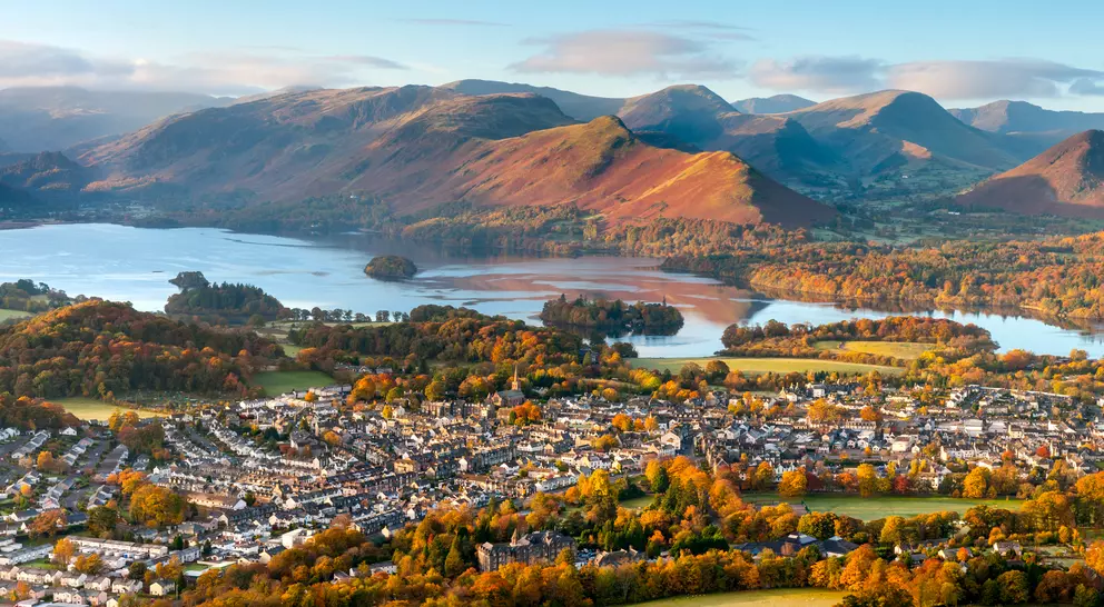 Aerial view of keswick town and surrounding mountains with Lake District National Park