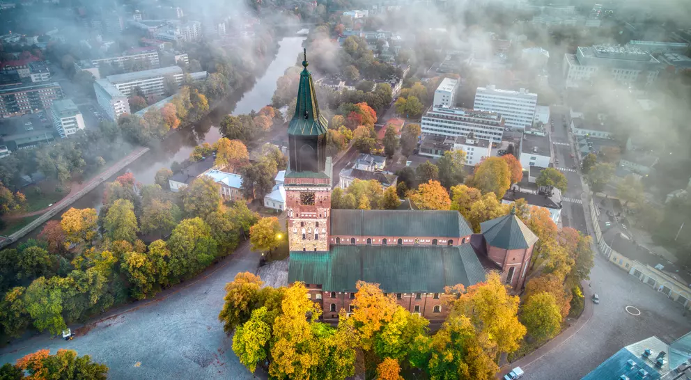Aerial view of Turku Cathedral in the autumn