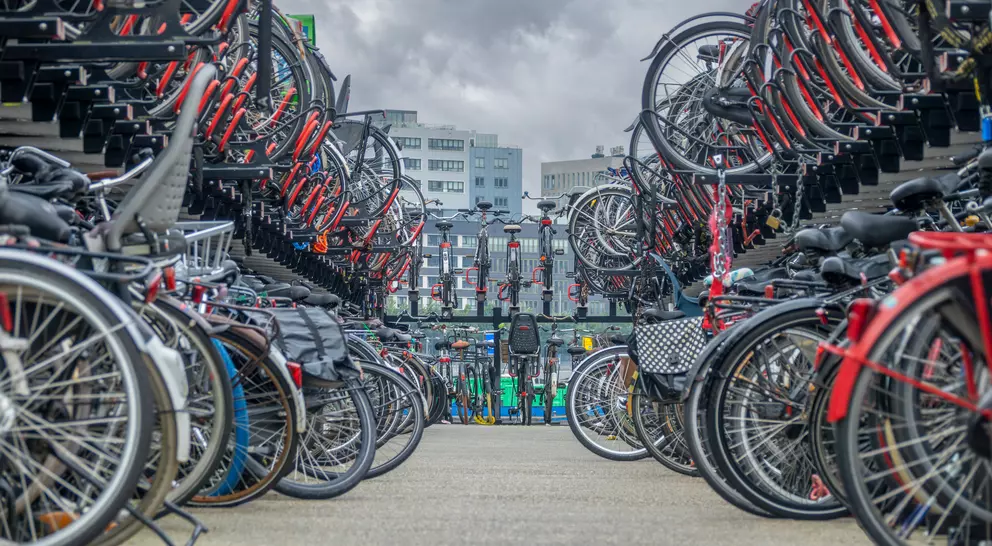 Lots of bicycles in a two-story bicycle parking area near Amsterdam Central Station