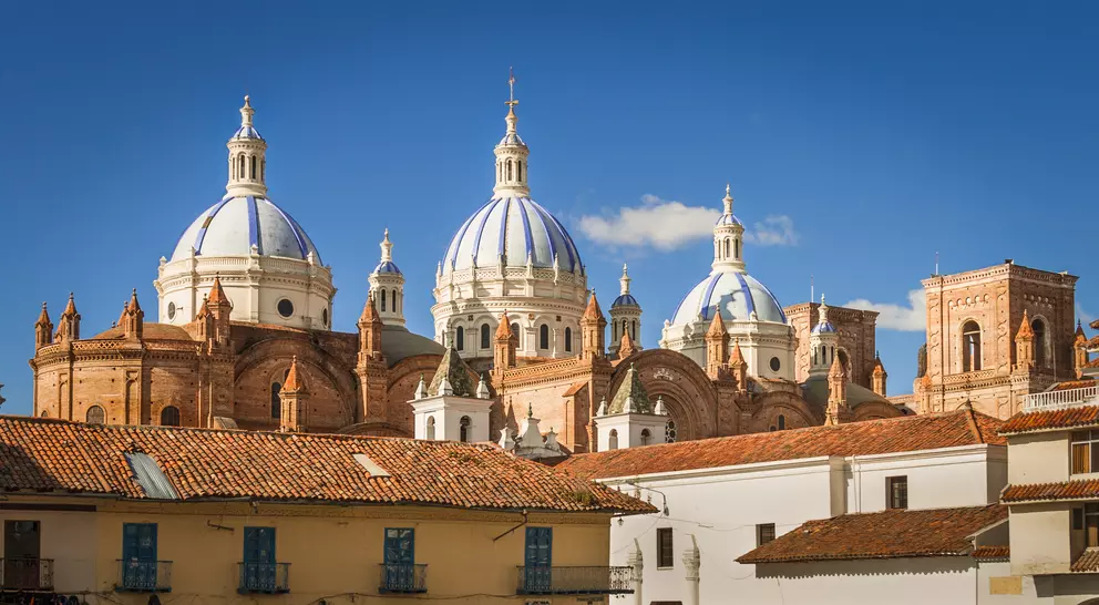 The New Cathedral of Cuenca,featuring series of sky-blue cupolas, is located in front of the Central Plaza in the Parque Calderon