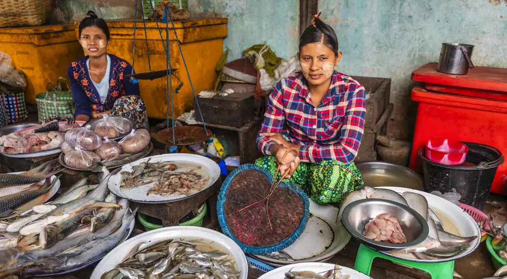 Two women sit behind tables filled with various types of fresh fish in a market setting.