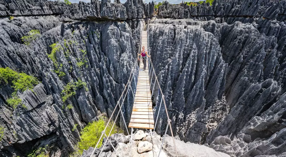 A person stands on a narrow bridge over a deep rocky chasm with sharp stone formations and green vegetation nearby.