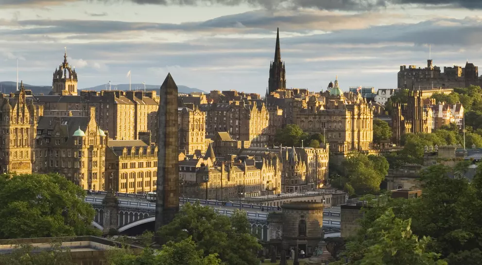 Edinburgh Castle and the Old Town at sunset from Calton Hill