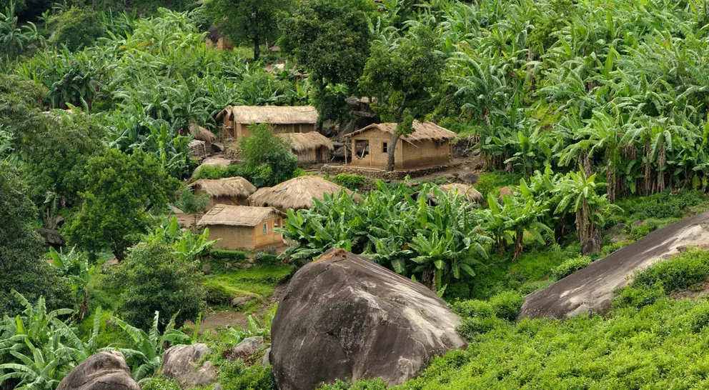 African huts in hills, among banana trees and boulders