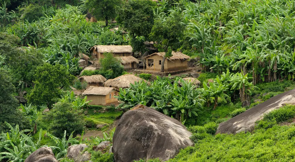African huts in hills, among banana trees and boulders