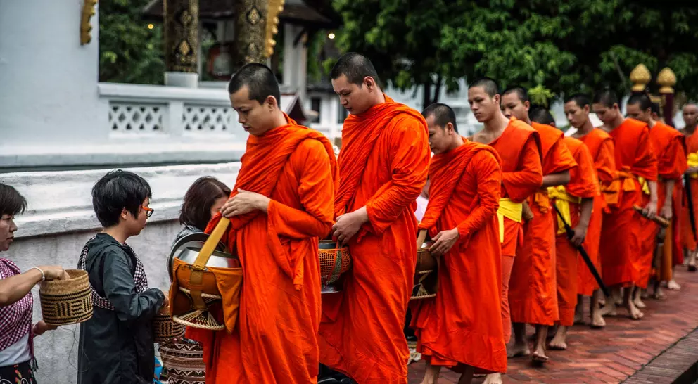 Buddhist monks in orange robes receive alms from followers in a serene outdoor setting.