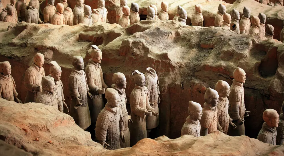 Terra-cotta army soilders, part of an elaborate mausoleum created to accompany the first emperor of China into the afterlife