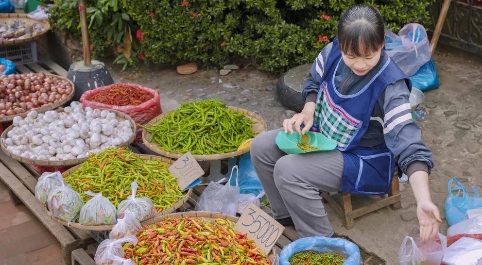 A vendor sits among colorful baskets of vegetables and spices at a market, sorting and preparing fresh produce.