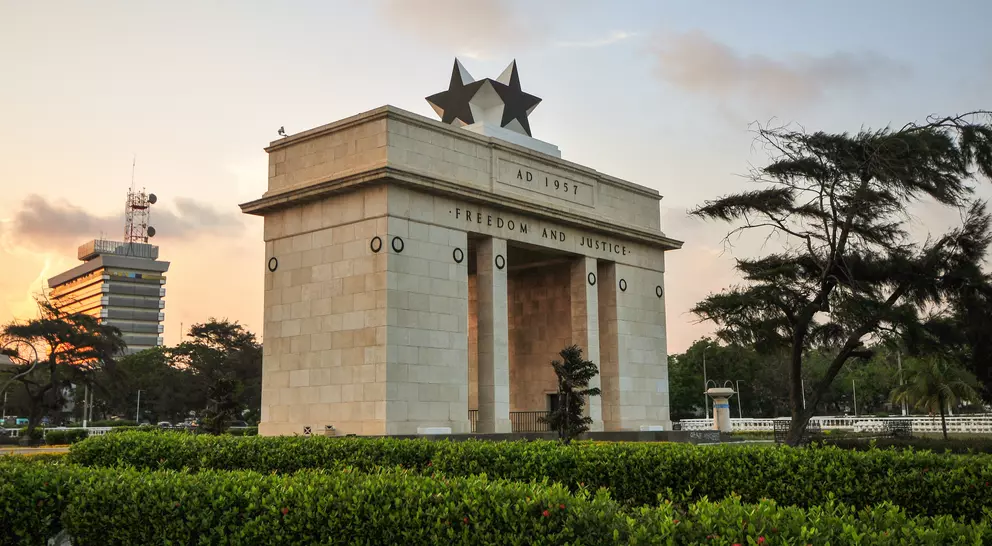 The Independence Square of Accra, Ghana, inscribed with the words "Freedom and Justice, AD 1957", commemorates the independence of Ghana, a first for Sub Saharan Africa.