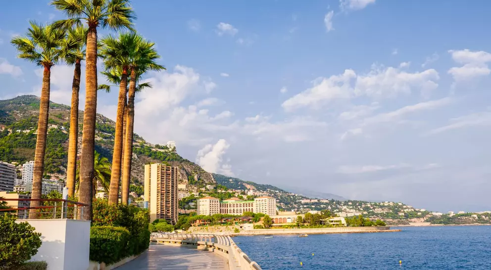 Scenic view of a coastal promenade lined with palm trees, buildings, and mountains under a blue sky with clouds.