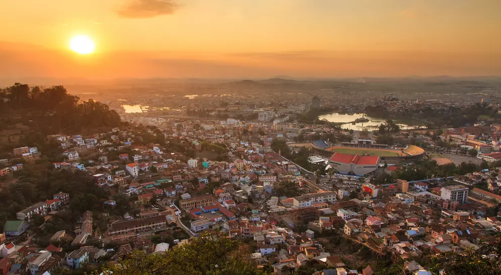 "Aerial cityscape of Antananarivo with a view of Tana stadium "