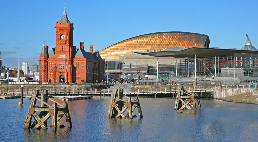 View of Cardiff city skyline from across the bay showing the Pier head building National Assembly
