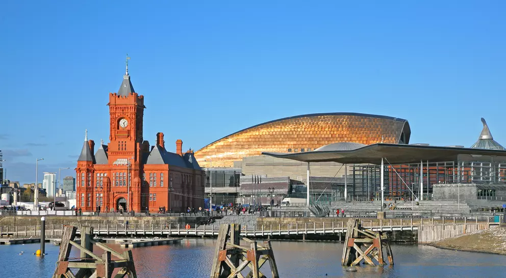 View of Cardiff city skyline from across the bay showing the Pier head building National Assembly