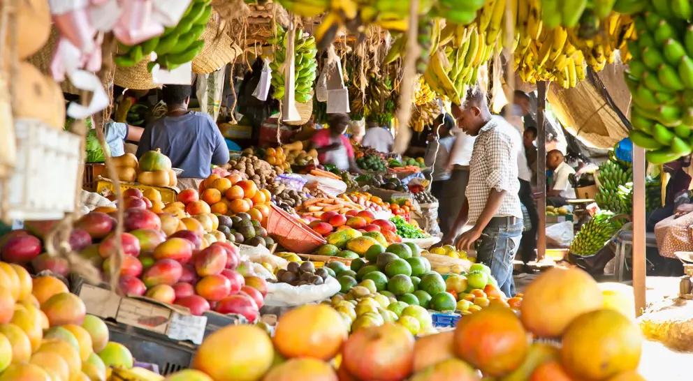 A vibrant market stall filled with various fruits and vegetables, with shoppers browsing under a canopy of greenery.