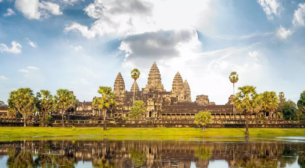 Temple of Angkor Wat reflected in the lake near Siem Reap, Cambodia