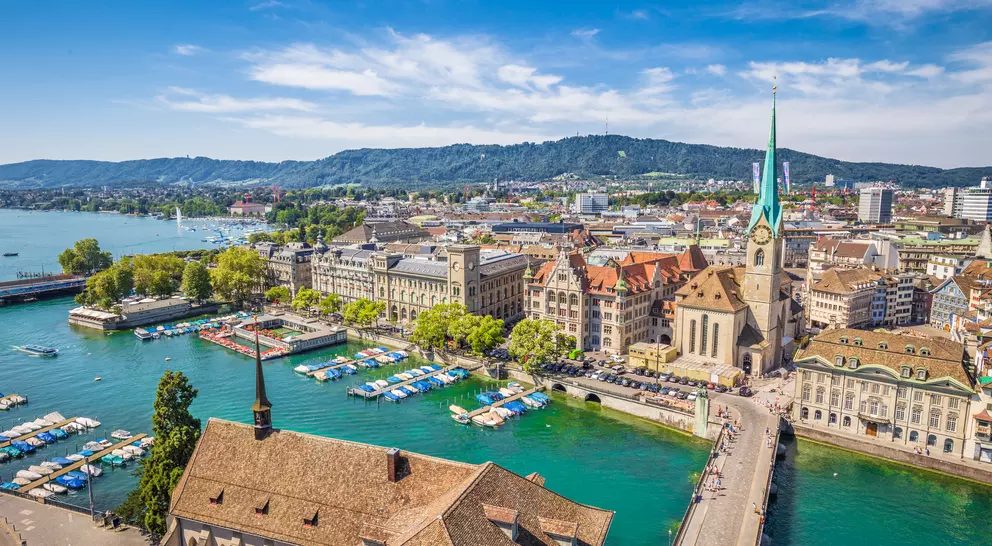 Aerial view of Zürich city center with famous Fraumünster Church and river Limmat at Lake Zurich from Grossmünster Church