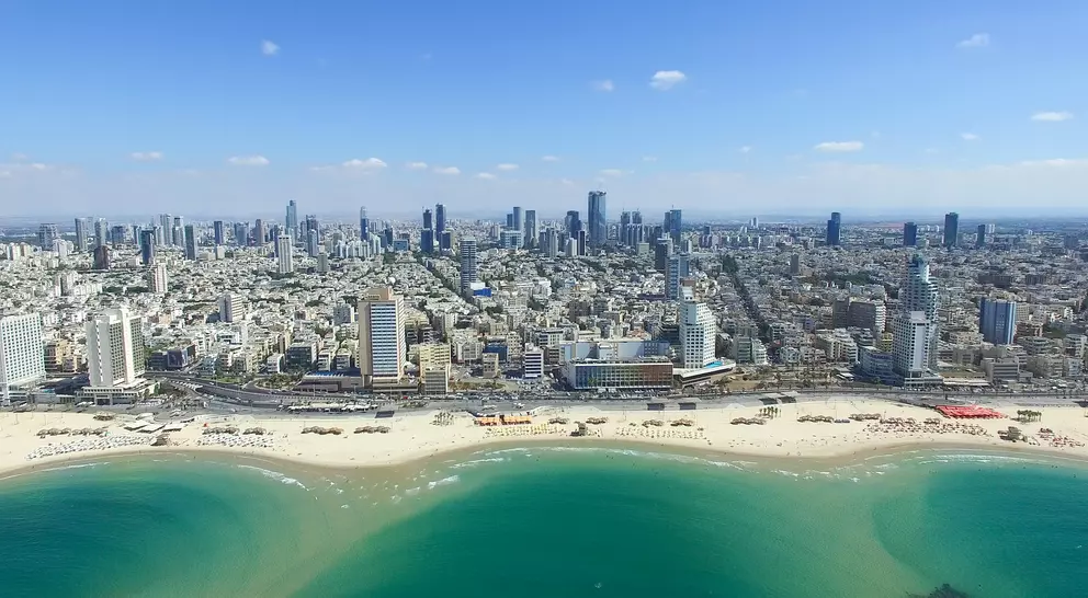 Tel Aviv skyline with views of Bograshov Beach along promenade 