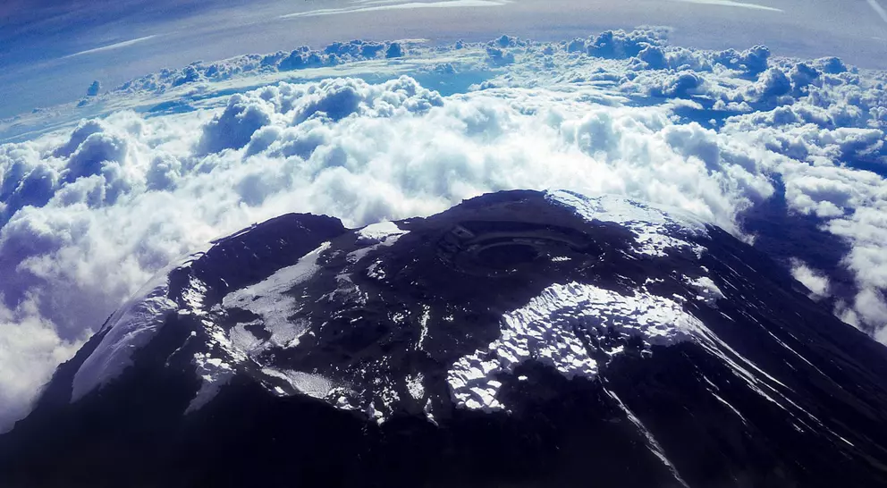 Aerial view of Kibo volcanic cone at the summit of Mount Kilimanjaro