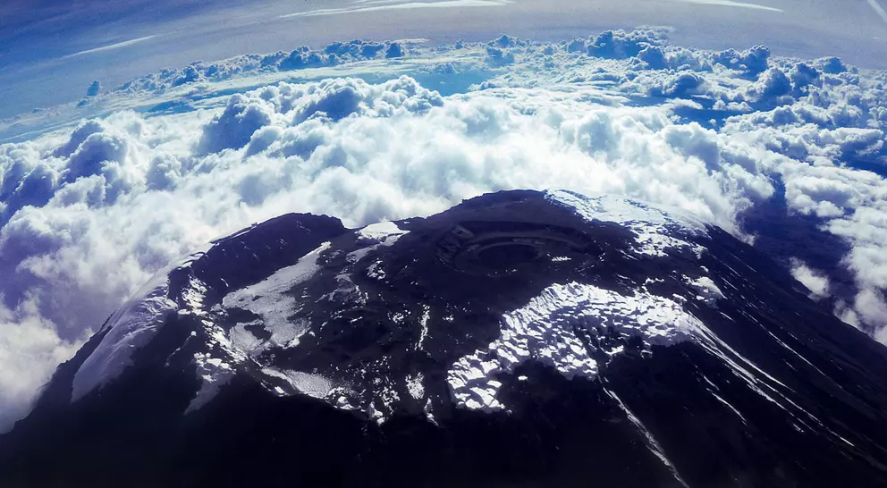 Aerial view of Kibo volcanic cone at the summit of Mount Kilimanjaro