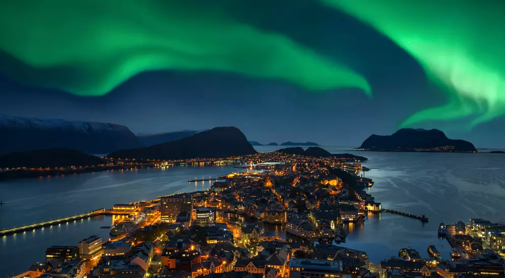 Green Aurora borealis over Alesund