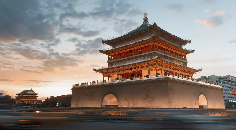 China ancient city gate tower at sunset